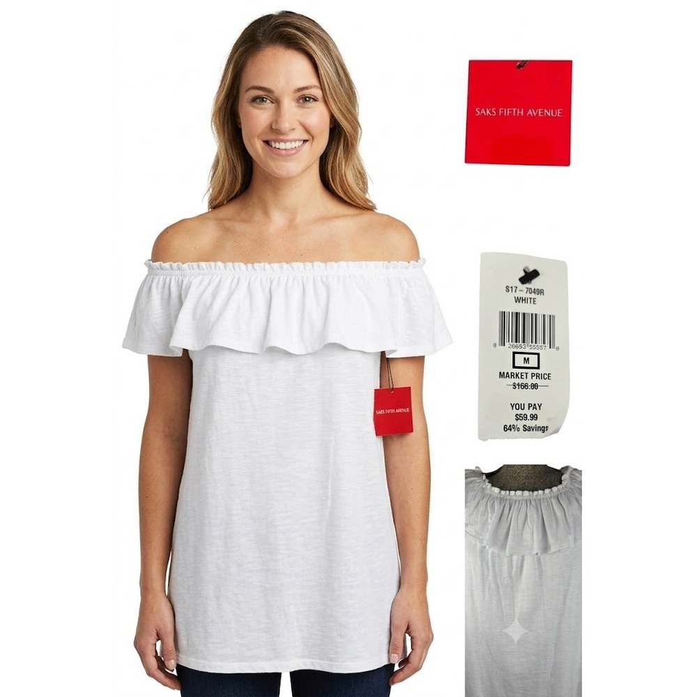 Saks Fifth Avenue NWT Top White Ruffle Off Shoulder Lined Boho Cottagecore